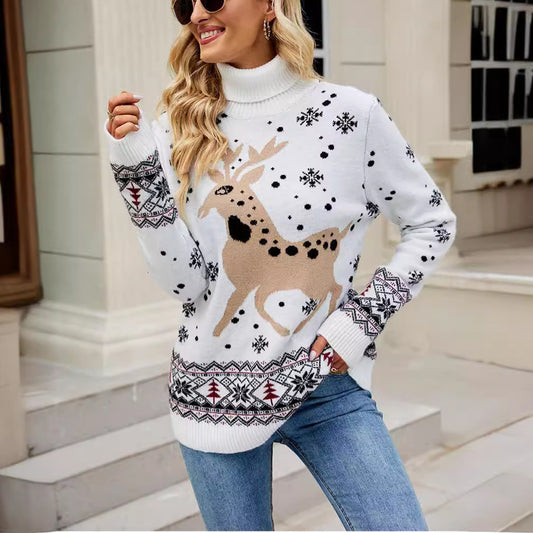 Pull féminin d'hiver avec motif de renne et col montant Chic und Stil