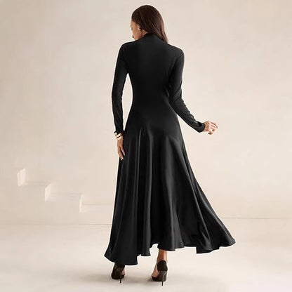 Dames Élégante Robe Maxi à Manches Longues avec Col Haut et Jupe Fluide Chic und Stil