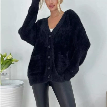 Dames Cardigan en peluche avec grandes poches et coupe décontractée Chic und Stil