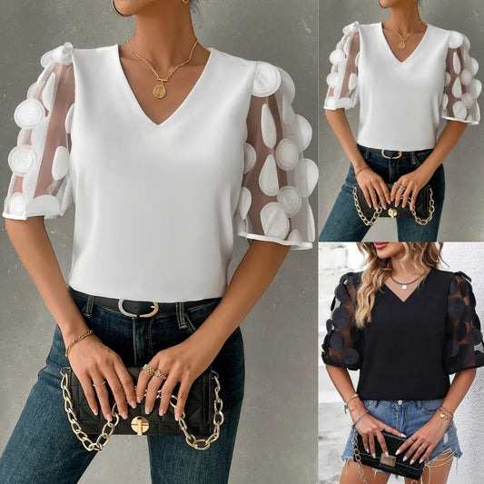Blouse à manches ballon transparentes à décolleté en V pour femmes Chic und Stil