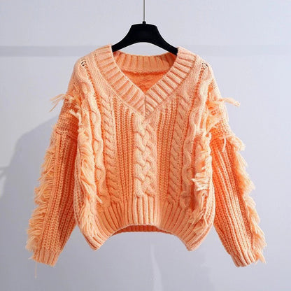 Dames gros tricot pull avec franges et décolleté en V Chic und Stil