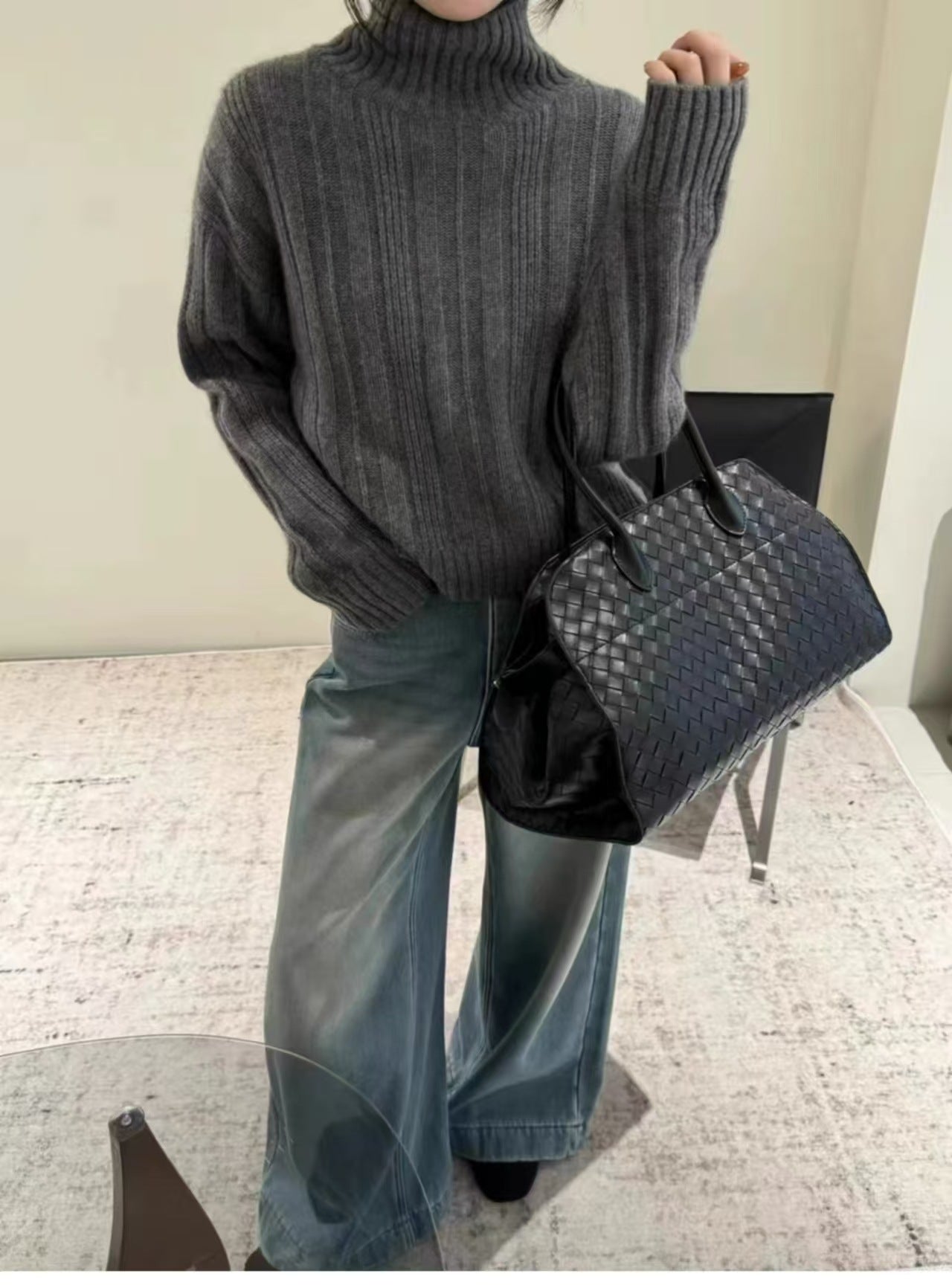 Pull à col roulé décontracté pour femmes avec un motif en fines côtes Chic und Stil