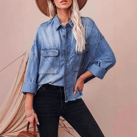Chemise en jean oversize décontractée pour femmes avec poches plaquées Chic und Stil