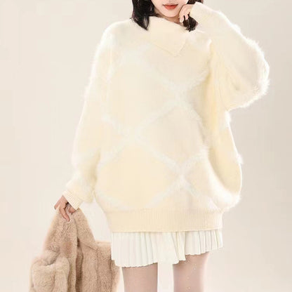 Dames Grand pull en tricot avec motif géométrique et col haut Chic und Stil