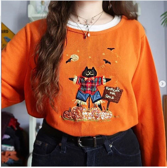 Pull décontracté d'Halloween pour femmes avec motif de chat coloré et broderies Chic und Stil