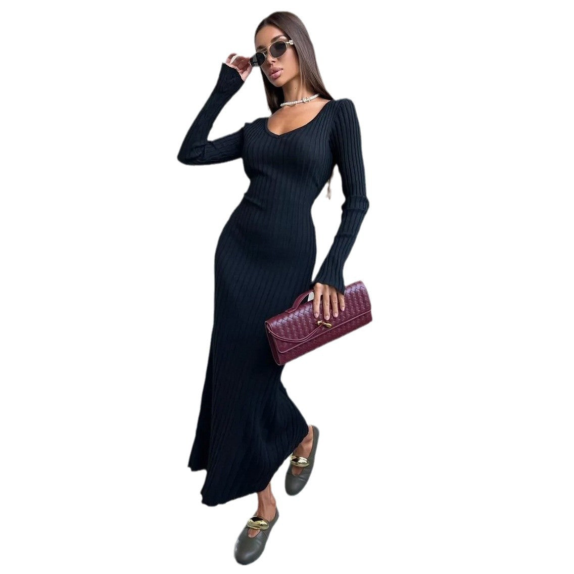 Robe maxi femme avec tricot côtelé raffiné et design sans épaules Chic und Stil