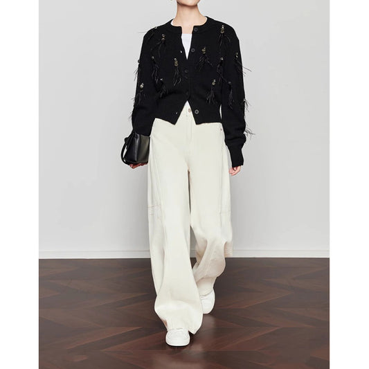 Cardigan en tricot texturé pour femme avec franges décoratives Chic und Stil