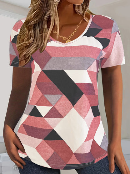 T-shirt dames col en V avec motif géométrique et matériau doux Chic und Stil