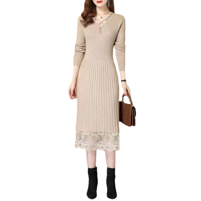 Robe en tricot pour femmes avec élégant bord en dentelle et décolleté en V Chic und Stil