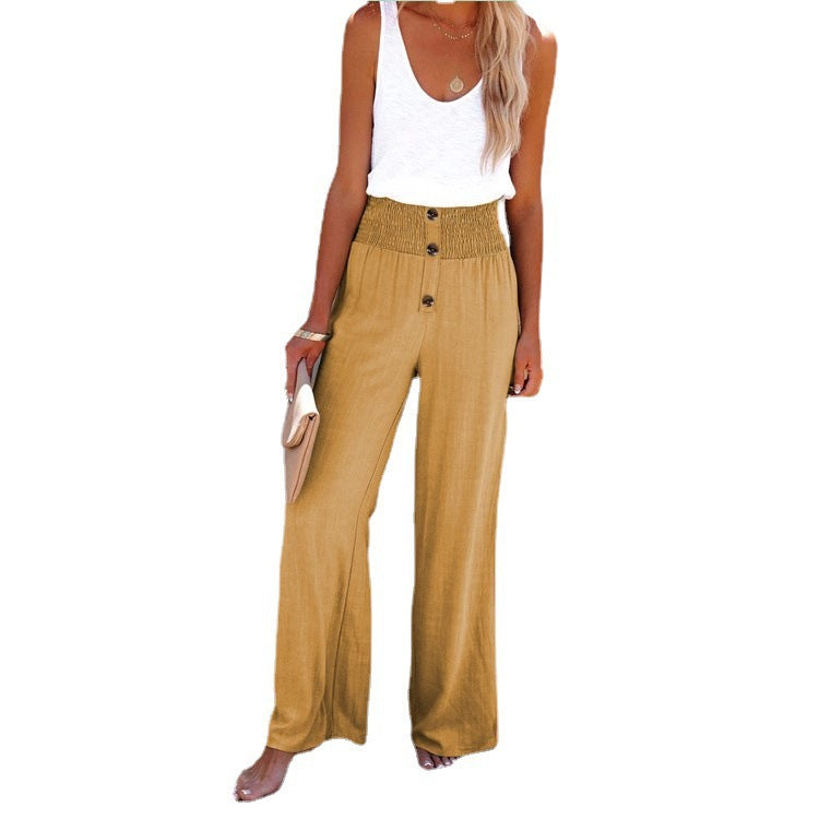 Chic and Style Women's Wide Palazzo Pants with Button Detail and Elastic Waist
