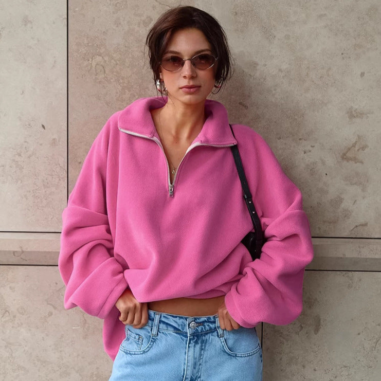 Oversized fleece pullover for women with half-zip and relaxed fit Chic und Stil