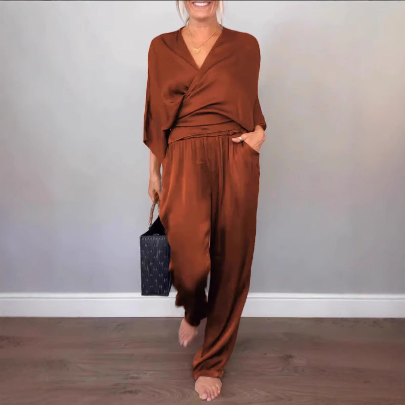 Women Elegant Wrap High-End with Loose Cut and Matching Palazzo Pants Chic and Style