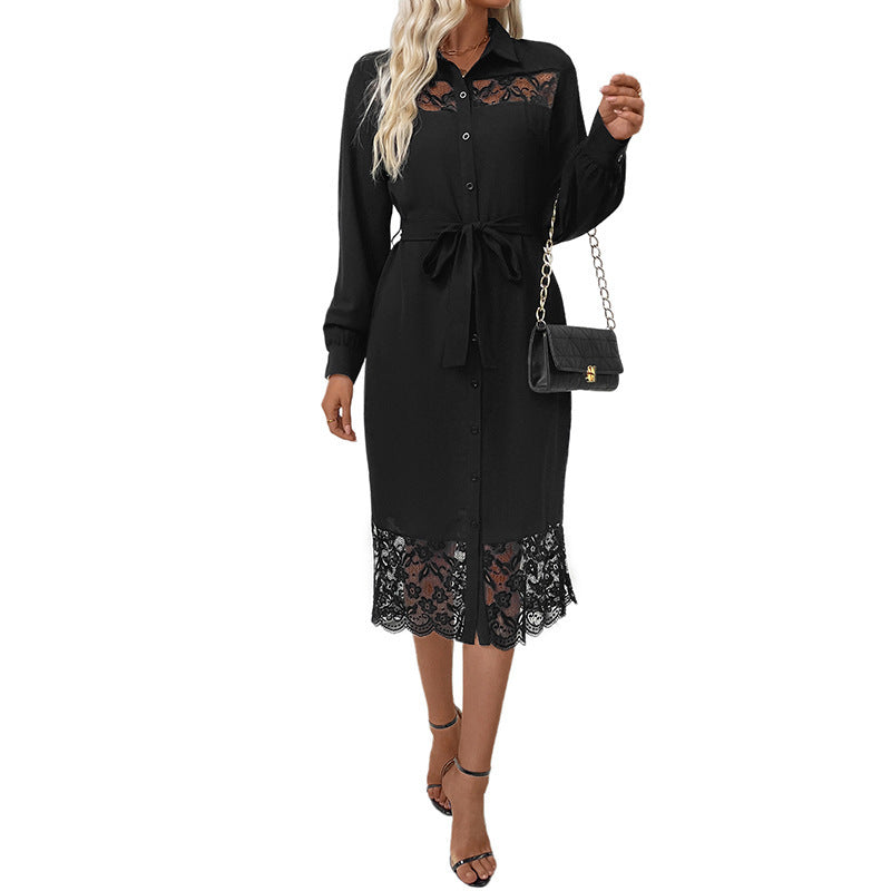 Robe chemise pour dames avec des accents en dentelle et une ceinture ajustable Chic und Stil