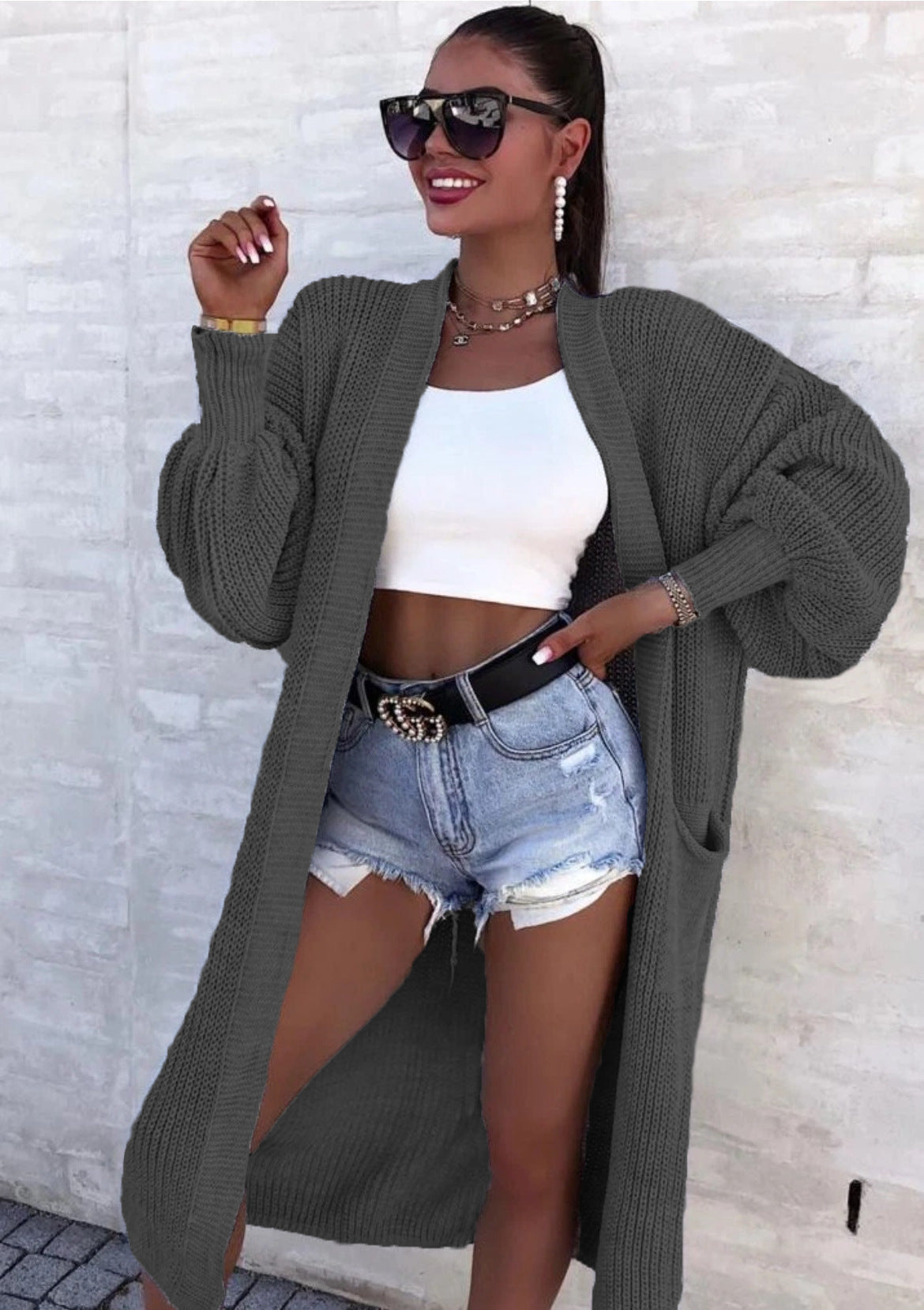 Dames carte tricot décontractée avec décolleté en V profond et poches généreuses Chic und Stil