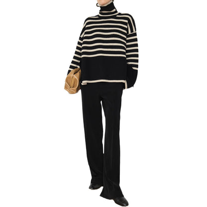Pull en tricot décontracté pour femmes avec des rayures colorées et un col montant Chic und Stil