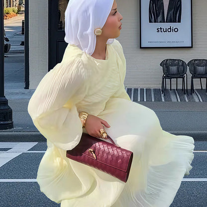 Dames Élégante Robe Maxi Plissée avec Ruches et Manches Longues Chic und Stil