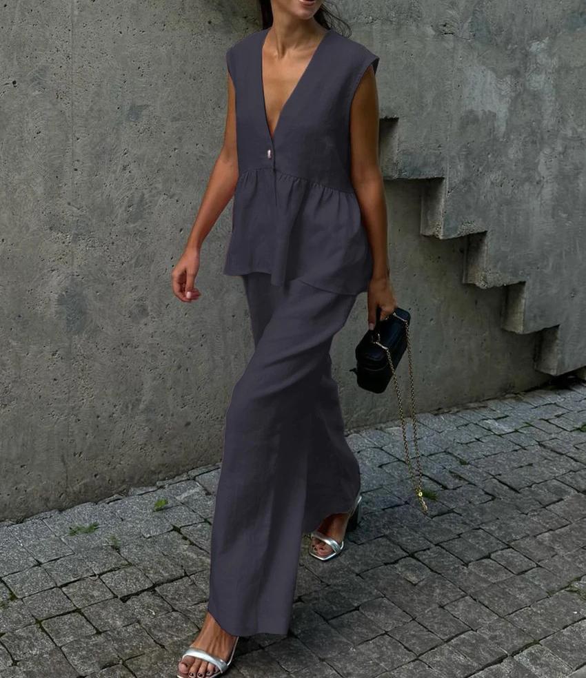 Dames Élégant Costume Pantalon en Lin Chic und Stil
