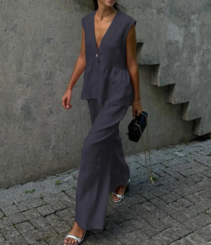 Dames Élégant Costume Pantalon en Lin Chic und Stil