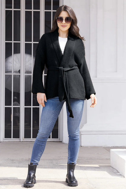 Cardigan tricot décontracté pour femmes avec ceinture à la taille et coutures d'épaules Chic und Stil