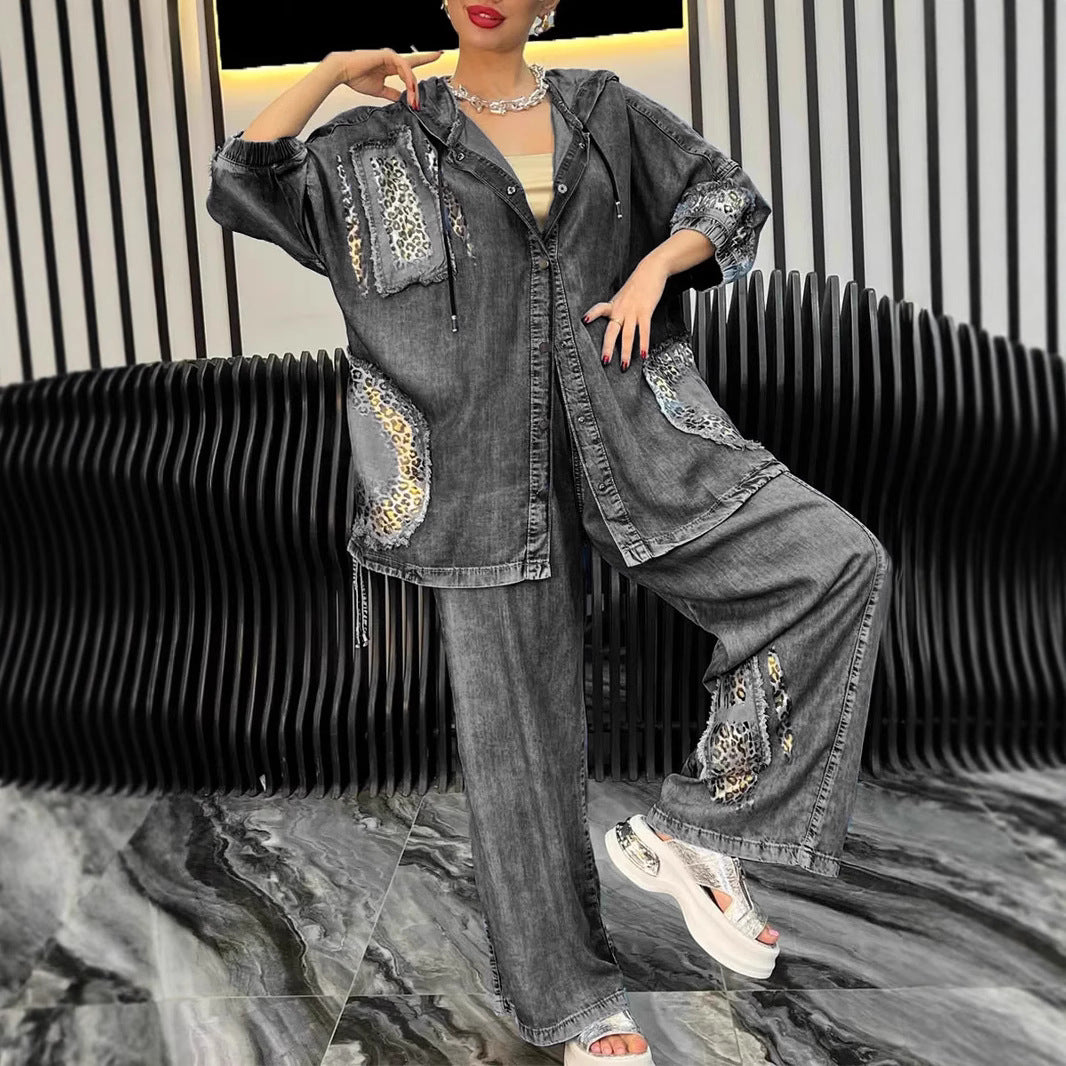 Fashionable women's jacket and pants set with chic animal print details