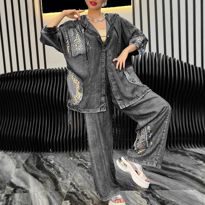 Fashionable women's jacket and pants set with chic animal print details