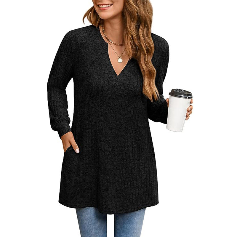 Pull tunique à col V côtelé pour femme Chic und Stil