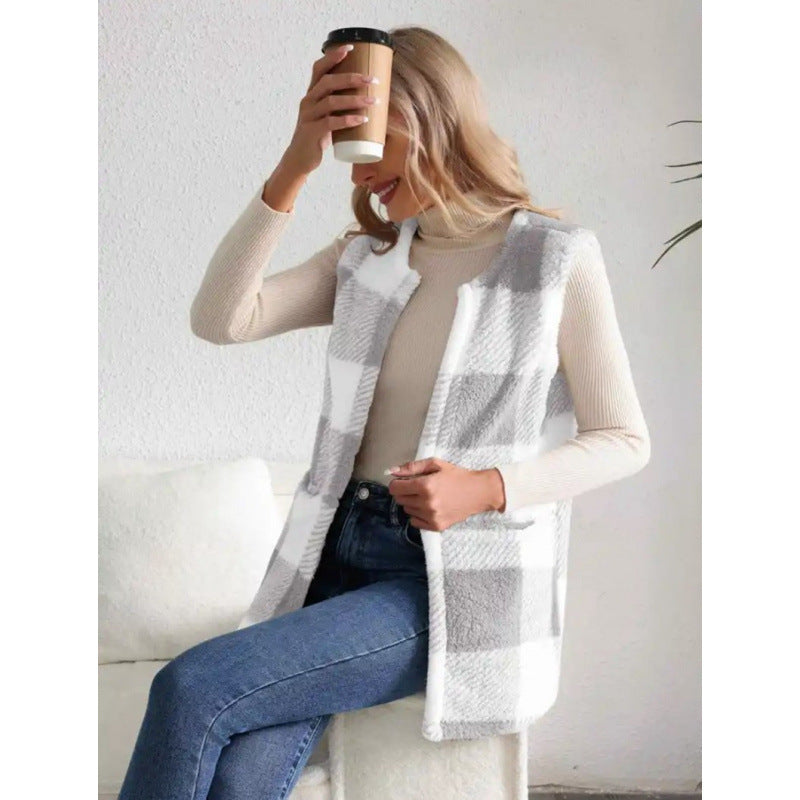 Dames Gilet Douillet avec Motif à Carreaux Tendance Chic und Stil