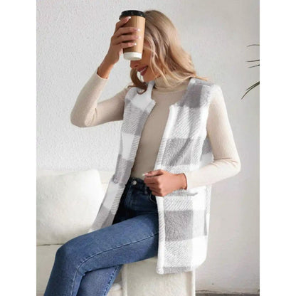 Dames Gilet Douillet avec Motif à Carreaux Tendance Chic und Stil
