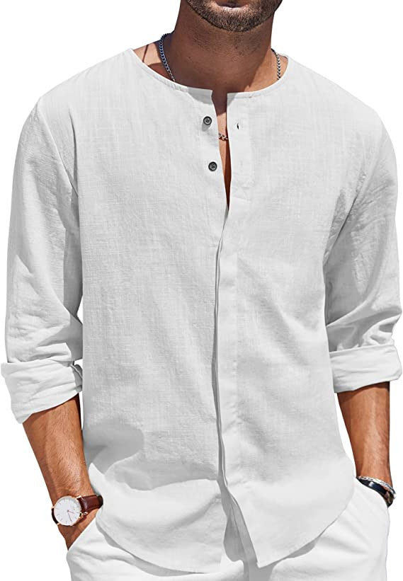 Chemise en lin pour hommes avec col montant décontracté et patte de boutonnage Chic und Stil