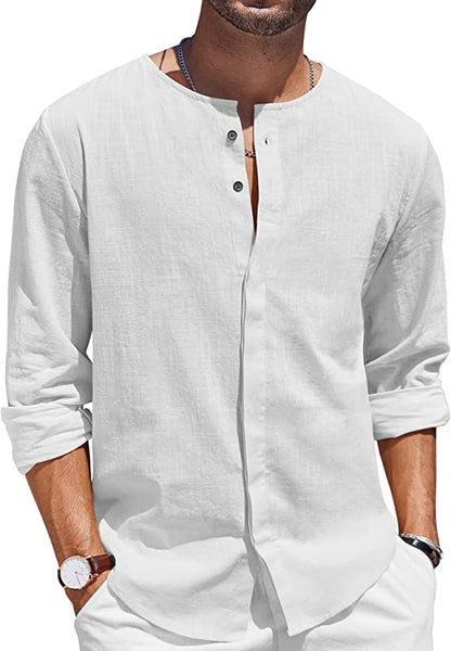 Chemise en lin pour hommes avec col montant décontracté et patte de boutonnage Chic und Stil
