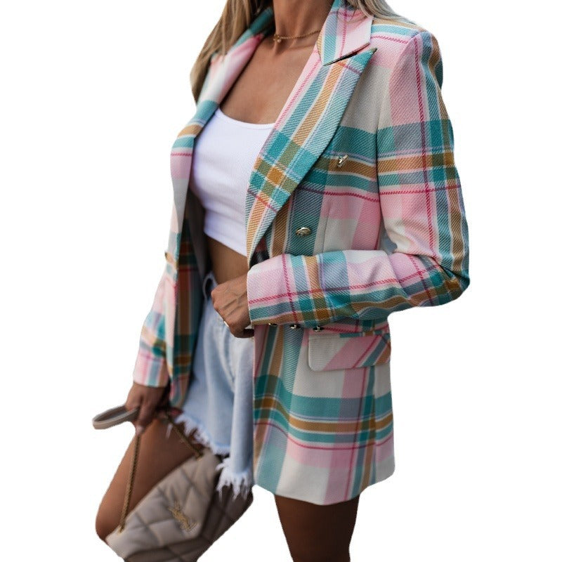 Plaid women's blazer with double-breasted buttons and stylish details Chic and Style