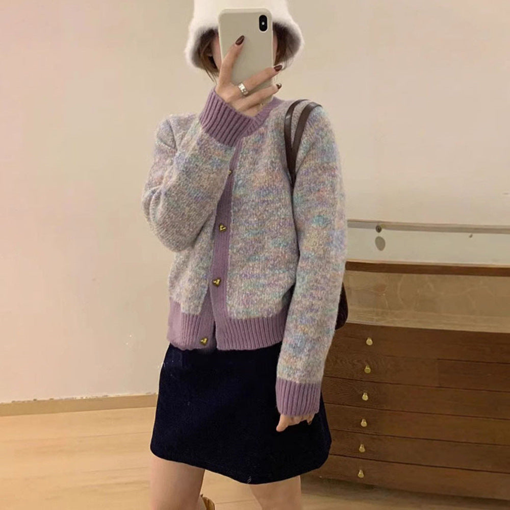 Ladies cozy knitted pullover with heart-shaped buttons and contrast ribbed details Chic and Style