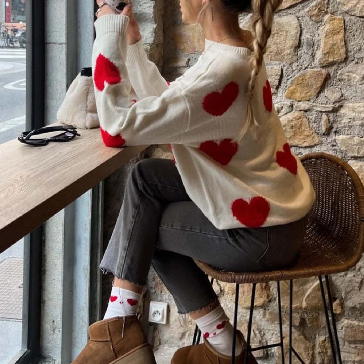 Dames Pull Confortable avec Motif Cœur Chic und Stil