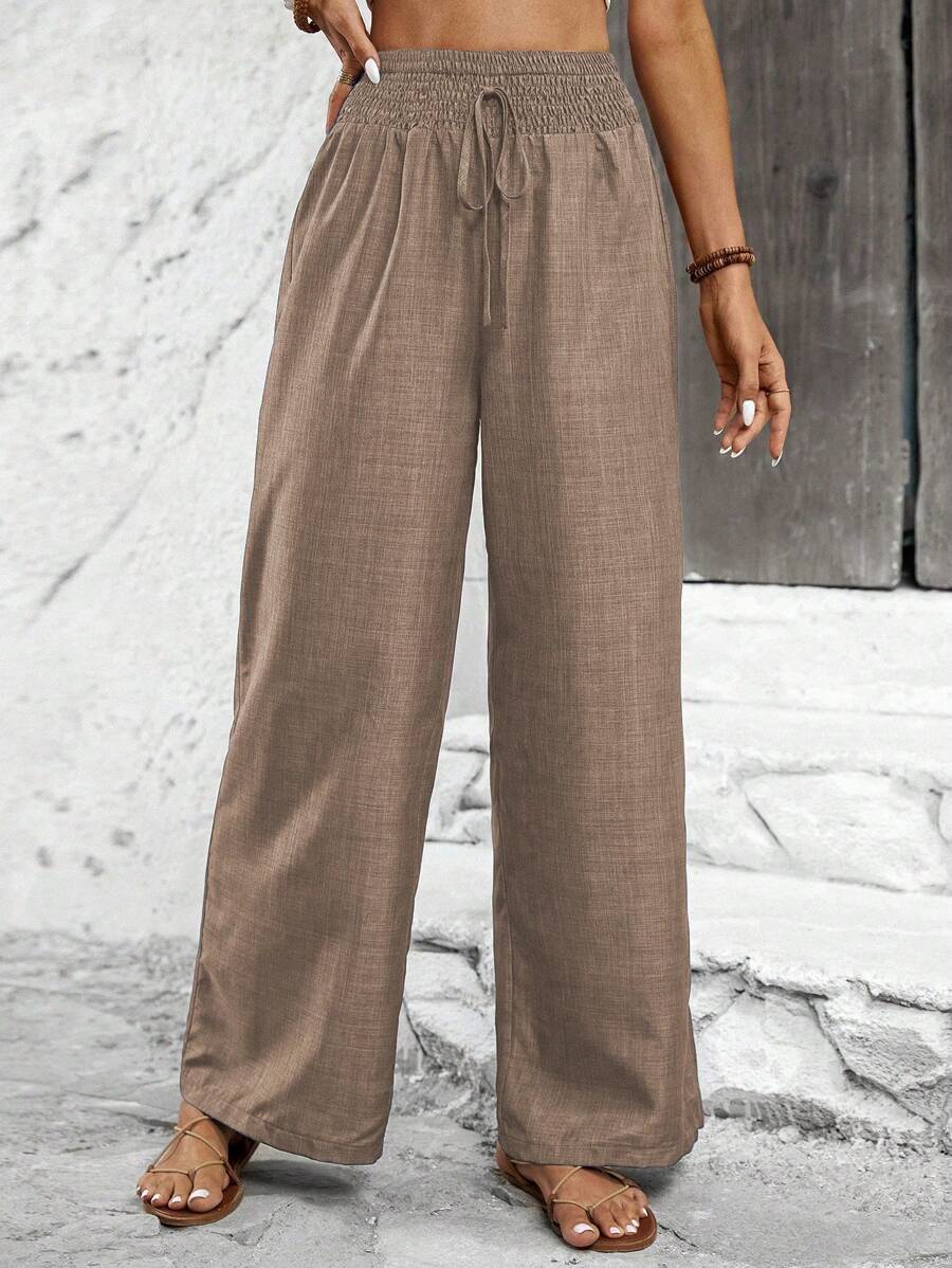 Wide linen pants for women with elastic waistband and side tie belt Chic and Style