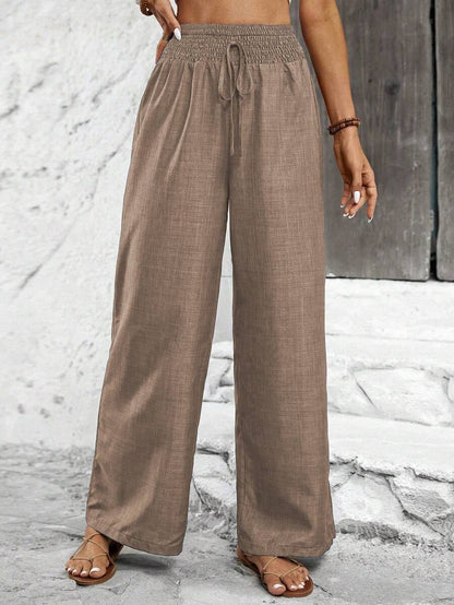 Wide linen pants for women with elastic waistband and side tie belt Chic and Style