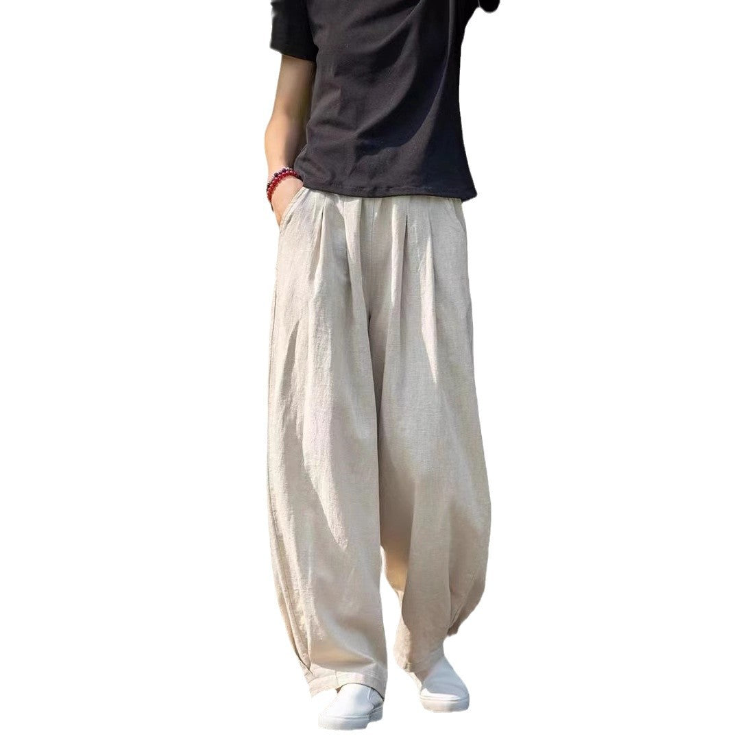 Wide linen pants for ladies with elastic waistband and side pockets Chic und Stil