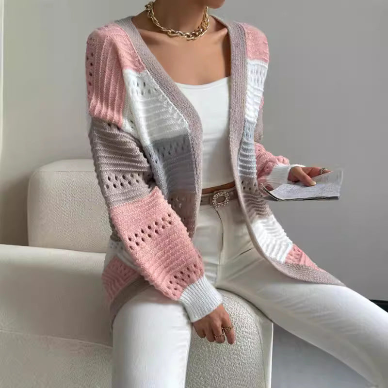 Dames Cardigan en tricot décontracté avec des motifs aérés modernes et des rayures colorées à blocs Chic und Stil