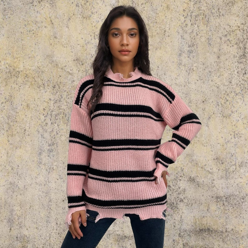 Pull oversized en grosse maille pour femmes avec franges et rayures transversales Chic und Stil