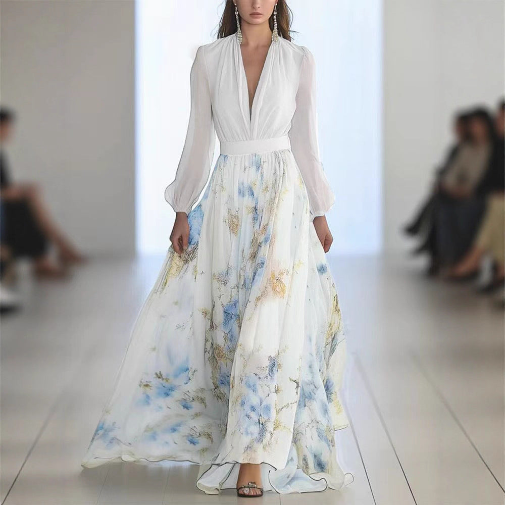 Robe maxi femme en chiffon floral avec des manches bouffantes élégantes Chic und Stil