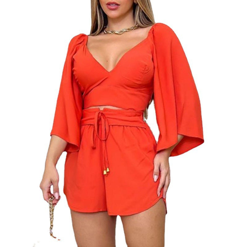Ladies Elegant Bell Sleeve Crop Top and Shorts Set Chic and Stylish