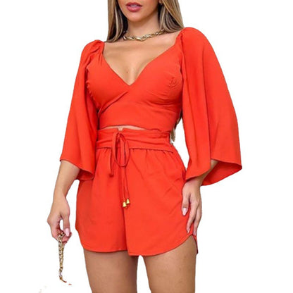 Ladies Elegant Bell Sleeve Crop Top and Shorts Set Chic and Stylish