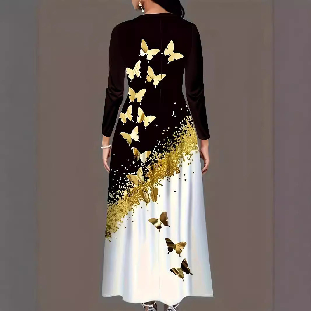 Robe maxi pour femmes avec un motif de papillon élégant et un accent doré étincelant Chic und Stil