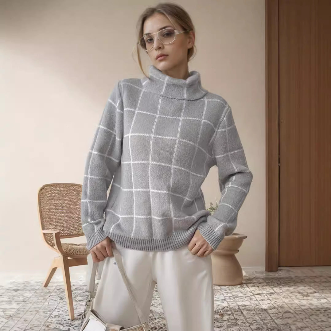 Pull en gros tricot pour femmes avec un motif à carreaux moderne et un col montant Chic und Stil