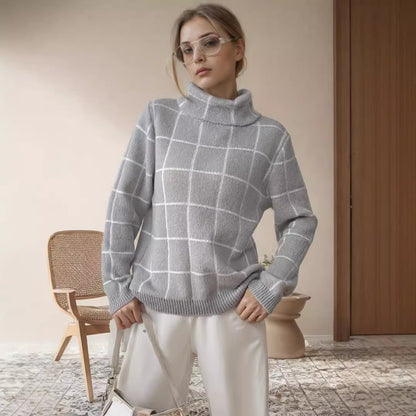 Pull en gros tricot pour femmes avec un motif à carreaux moderne et un col montant Chic und Stil