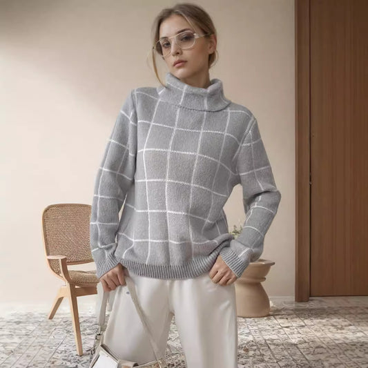 Pull en gros tricot pour femmes avec un motif à carreaux moderne et un col montant Chic und Stil