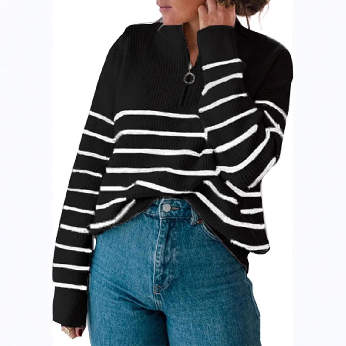 Pull décontracté pour femmes avec fermeture éclair courte et motif à rayures Chic und Stil