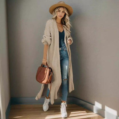 Dames cardigan long en maille décontractée à texture côtelée avec manches ouvertes et poches Chic und Stil