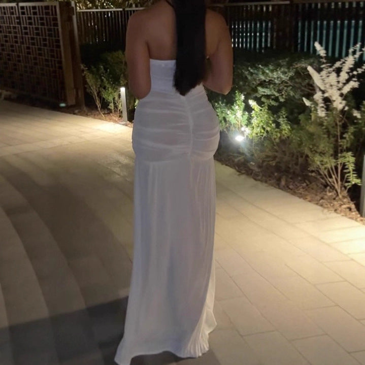 Dames Robe Maxi Sans Manches Élegante avec Détails Volants et Fente Haute Chic und Stil
