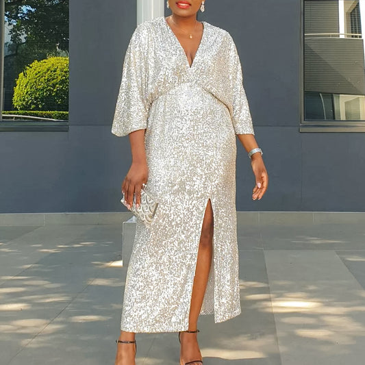 Robe de soirée scintillante pour femmes avec fente profonde et manches bouffantes luxueuses Chic und Stil