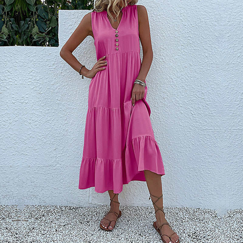 Robe maxi sans manches à volants pour femmes avec détail bouton Chic und Stil